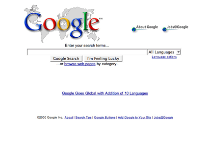 Google search homepage, with language options and world map (2000)